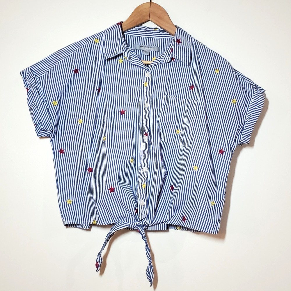 Andrew Marc / Marc New York Women's Striped Star Cropped Tie Button Up Shirt Med
